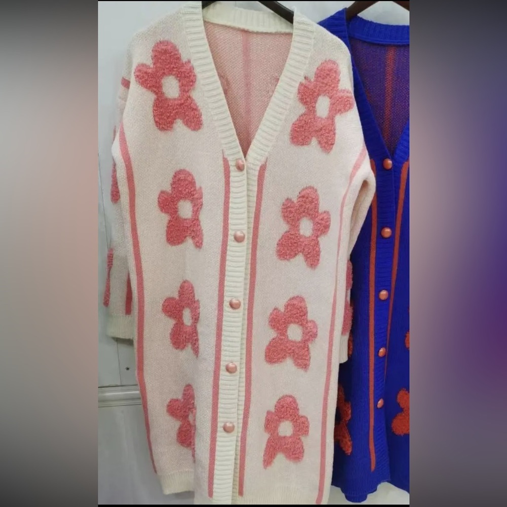 0041.   Floral Pink and Cream Cardigan Sweater - Picture 2 of 2